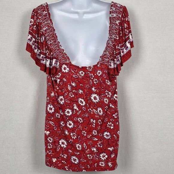 Maurices Red Floral Smocked Sleeve Top XL - Picture 5 of 9